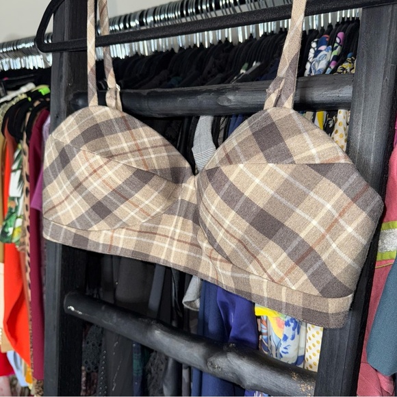 Favorite Daughter Ex Boyfriend Plaid Bra Top Brown Beige - Picture 10 of 15